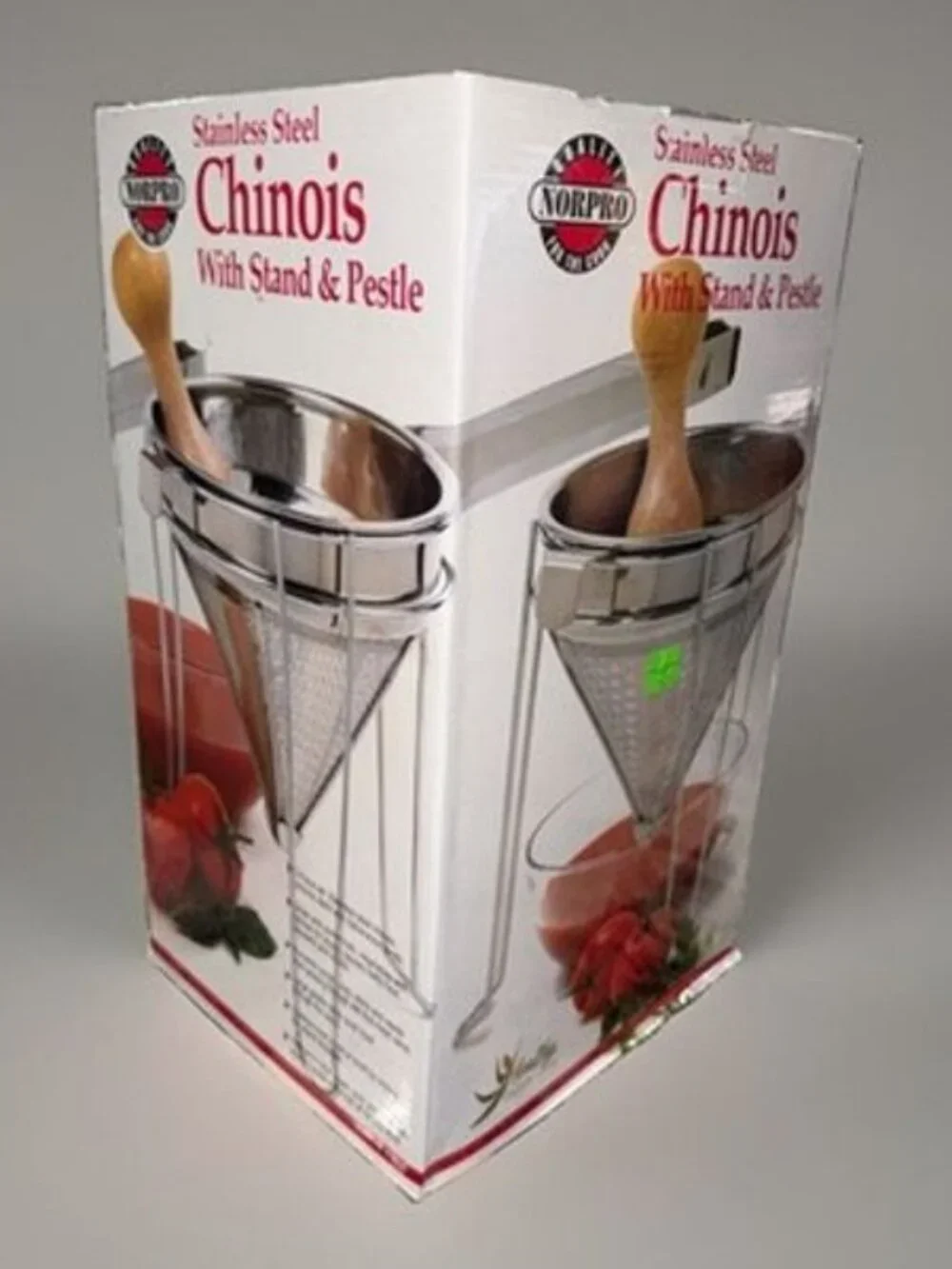 NIB Norpro Stainless Steel Chinois With Stand & Rubberwood Pestle, 3-Piece Set